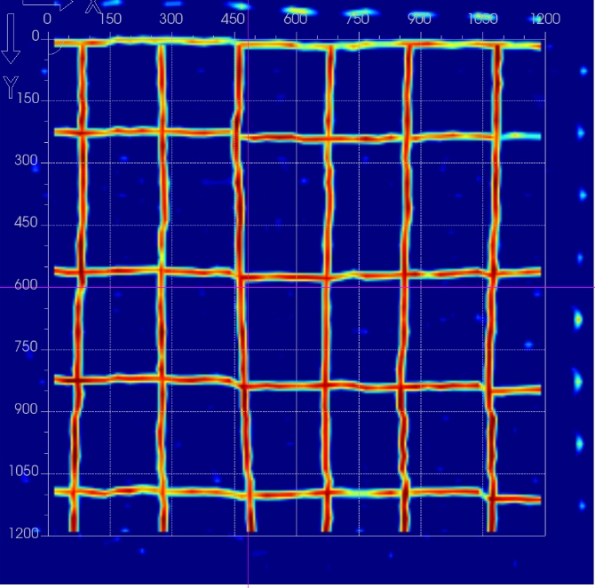 GPR scan output: 2D grid scan, 1200 mm by 1200 mm