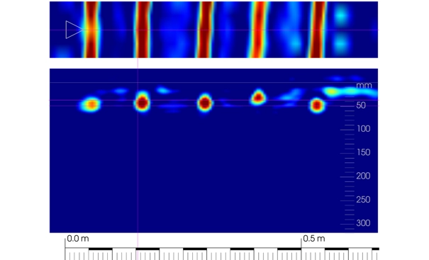 GPR depth slice showing five evenly spaced reflectors near the surface