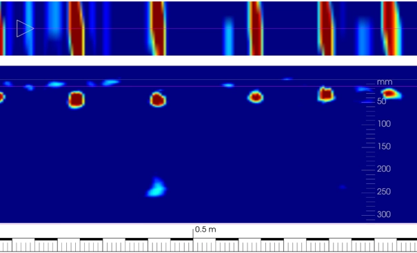 GPR depth slice showing near-surface reflectors and one isolated deeper reflection