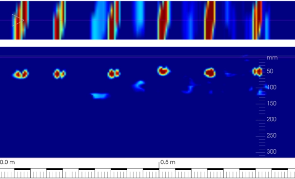 GPR scan sample showing reinforcement detected beneath a bridge pier under wet conditions