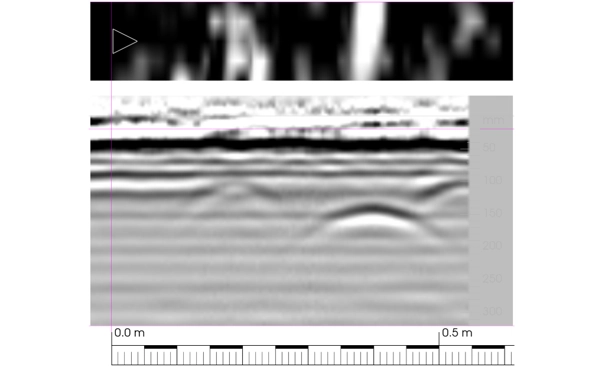 Raw GPR radargram resolving rebar in concrete with a non-standard aggregate mix